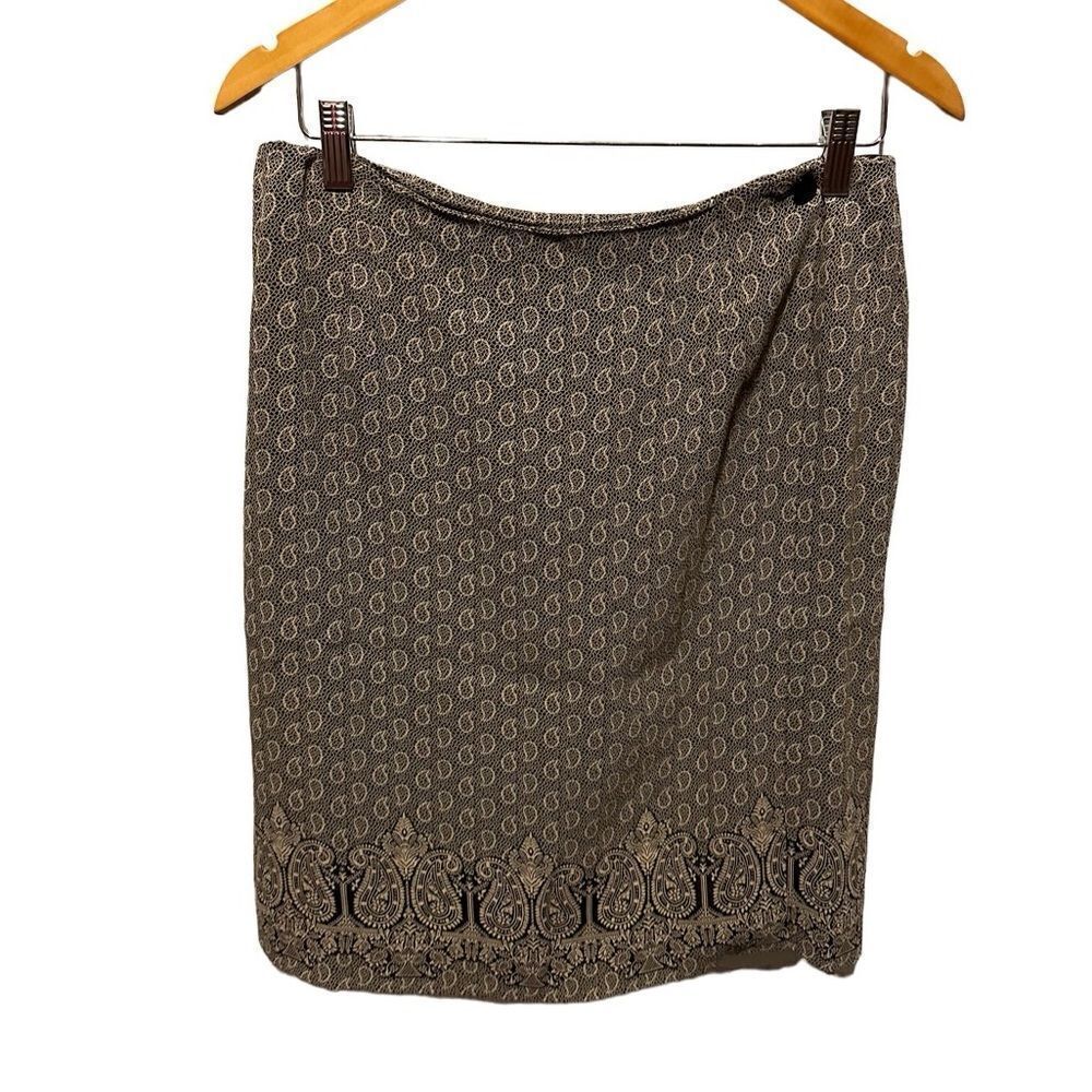 Talbots Black Tan Paisley Wrap Pencil Skirt Women’s 14 Office Workwear Midi